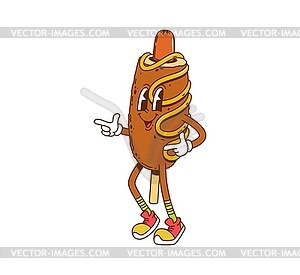 Groovy cartoon hippie corn dog fast food character - vector image