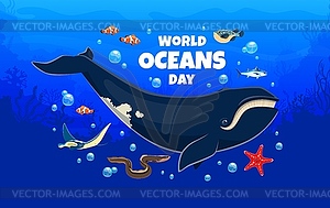 World oceans day banner, whale, coral reef fishes - vector clipart