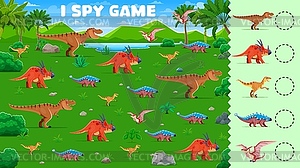 Prehistoric dinosaurs, kids I spy game worksheet - vector clip art