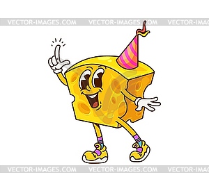 Groovy cheese character in party hat pointing up - royalty-free vector image