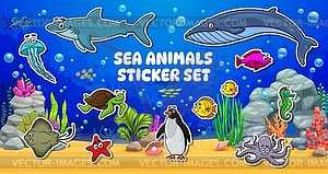 Cartoon cute sea animal characters stickers pack - vector clip art