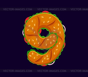 Fast food sandwich cartoon font digit 9 nine - vector image