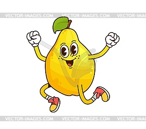 Cartoon funny groovy quince fruit retro character - vector clipart