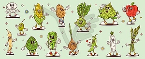 Cartoon groovy vegetable healthy eating characters - vector image