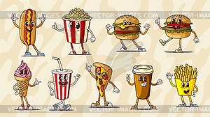 Retro groovy fast food cartoon funny characters - stock vector clipart