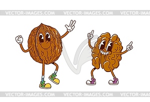 Cartoon retro groovy walnut nut characters - vector image