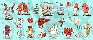 Cartoon groovy medicine and human organ characters - vector clipart