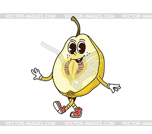 Groovy tropical half quince fruit retro character - vector image