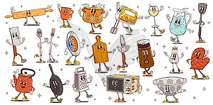 Cartoon groovy kitchen utensils, tools characters - vector image