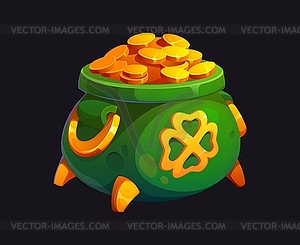 Cartoon green cauldron overflowing with gold coins - vector clip art