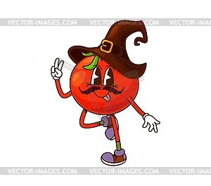 Cartoon groovy tomato Halloween wizard vegetable - vector clip art