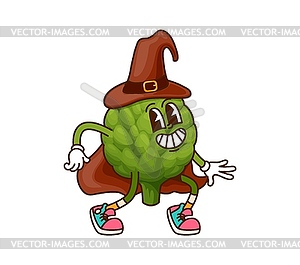 Cartoon groovy artichoke vegetable Halloween wiz - vector image