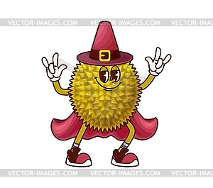 Cartoon groovy durian Halloween wizard fruit - vector image