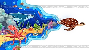 Paper cut underwater landscape with sea turtle - vector image