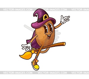 Cartoon groovy potato wizard riding broomstick - vector image