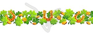 Patrick border with horseshoe, shamrock and coins - vector image