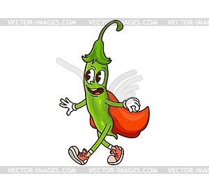 Cartoon groovy green pea Halloween wizard in cape - vector image