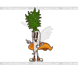 Cartoon groovy daikon radish Halloween wizard - vector clipart