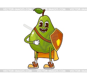 Cartoon groovy superhero pear fruit character - vector clipart