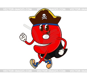 Groovy cartoon number 9 pirate Caribbean character - vector clipart