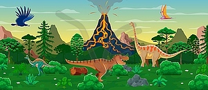 Prehistoric landscape with volcano and dinosaurs - color vector clipart