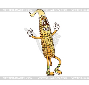 Groovy retro cartoon hippie funny corn, fast food - vector clip art