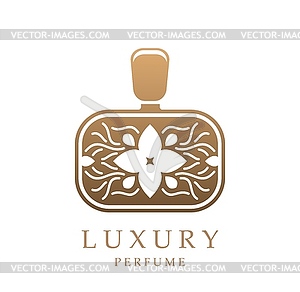 Perfume store, luxury perfumery golden bottle icon - vector image