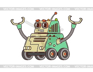 Cartoon groovy robot character, droid on wheels - vector clipart