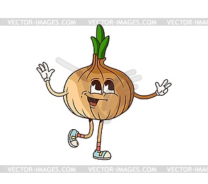 Groovy onion vegetable character waving hands - vector clipart