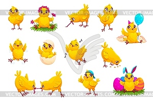 Cartoon funny chick characters with Easter eggs - color vector clipart