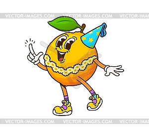 Cartoon groovy orange fruit character on party - color vector clipart