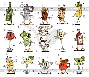 Cartoon groovy drinks, cocktails and hot beverages - vector clipart