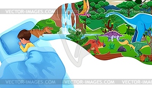 Sleeping boy dreams about dinosaurs at jungle - vector clip art