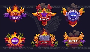 Defeat game frame icons, wood, stone, star boards - royalty-free vector clipart