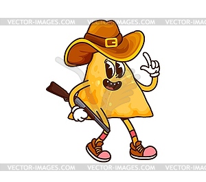 Cartoon groovy Mexican nacho chip cowboy character - vector clipart