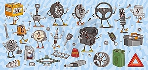 Cartoon groovy car spare parts, tools characters - vector clipart