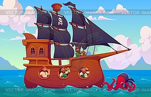 Cartoon pirates ship and giant kraken octopus - vector clipart