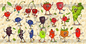 Cartoon groovy funny berry and fruit characters - royalty-free vector clipart