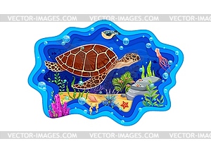 Paper cut banner with turtle, underwater landscape - vector image