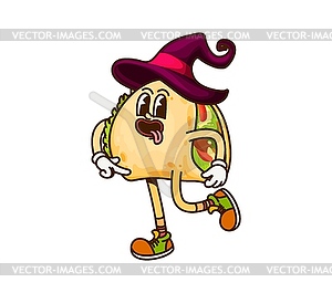 Groovy cartoon Mexican taco, Halloween wizard - vector image