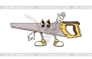 Cartoon groovy hand saw character, DIY work tool - vector image