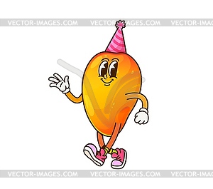 Cartoon groovy mango character wearing party hat - vector image