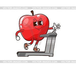 Cartoon groovy apple fruit exercising on treadmill - vector clipart