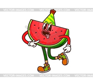 Groovy watermelon piece character in holiday cap - vector image