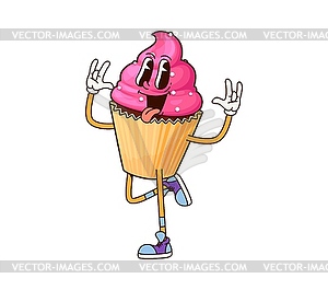 Groovy breakfast cake or cupcake cartoon character - vector image