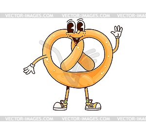 Funny groovy pretzel bread cartoon retro character - vector image