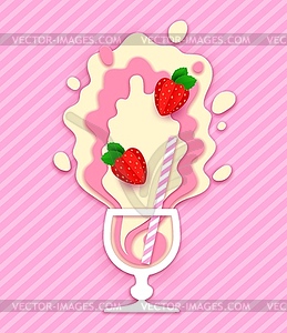 Paper cut milkshake cocktail, strawberry splash - vector clipart / vector image