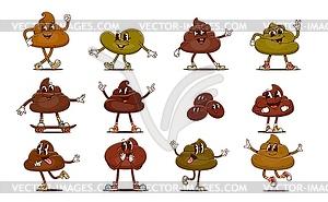 Cartoon groovy poop characters, poo personages - vector clipart