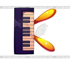 Cartoon musical font letter k as piano keyboard - vector image