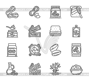 Peanut food and butter line icons set - vector clip art